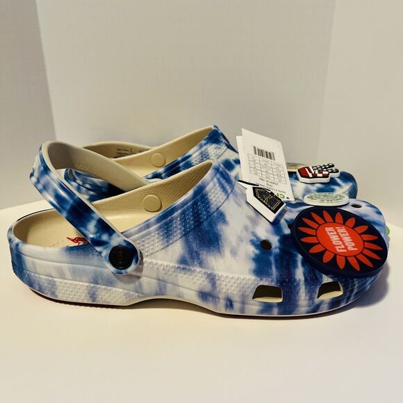 Levis X Crocs Classic‎ Clog Blue Tie Dye Men\'s 12 Levi Strauss Peace Love Charms